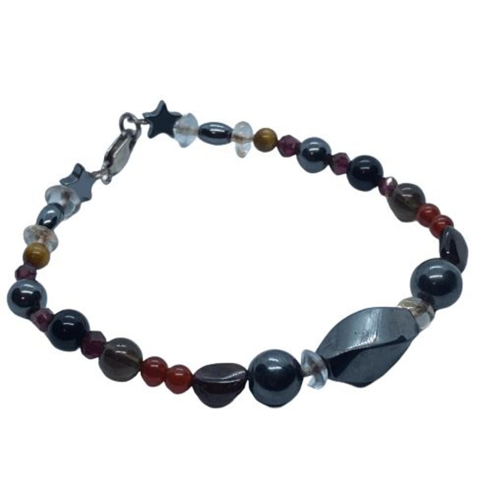 Stunning Vintage 7" Hematite & Gemstone Beaded Bracelet w/ Sterling Silver Clasp